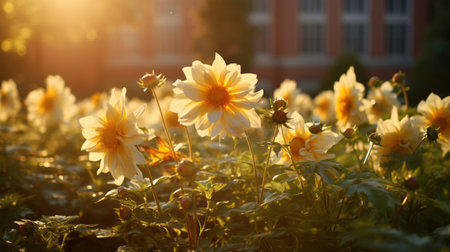 a field of dali flowers with a bright yellow sun behind it, captured in the style of the helsinki school. the photograph showcases a romantic soft focus and ethereal light, enhanced by vray tracing. shot on 70mm, the image exhibits exacting precision, highlighting the beautiful hues of beige and amber. this stunning composition is the work of daniel garber. ai generatedの素材