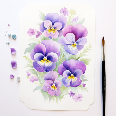 purple pansies watercolor pen sketch art by julianna, featuring a white background and traditional oil-painting techniques. this artwork showcases a realistic color palette and heavy use of palette knives, resulting in detailed botanical illustrations. the traditional composition and shaped canvas add to the overall appeal of this piece. ai generatedの素材