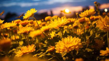 a field of flowers bathed in golden light, captured with a nikon d850 camera, showcasing a mesmerizing uhd image. the dark yellow hues and luminous quality of the flowers create a romantic atmosphere, beautifully portrayed by photographer marguerite blasingame. ai generatedの素材