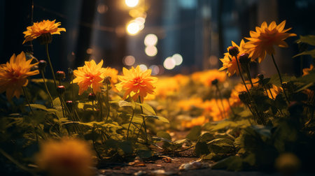 an area with green grass and yellow flowers is captured in this night photography style. the street scene is filled with vibrant colors, showcasing the artistic vision of mike campau. the image features a combination of light orange and light amber hues, created using vray tracing. the concept of "flower power" is emphasized through selective focus. ai generatedの素材