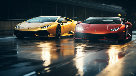 two lamborghini huracan from 1990 racing side by side on a slightly wet track. the drivers exchange intense glances as sparks fly underneath their powerful machines. this cinematic shot captures the reflections on the cars, adding to the dramatic atmosphere. shot on grainy medium format kodak portra 800 film with an smc takumar 105mm f/2.8 lens. ai generatedの素材
