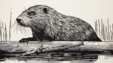 a beaver, depicted in the style of linocut prints, gazes at a log. this large-scale public art piece draws inspiration from the american barbizon school, showcasing precise nautical details and bold black outlines. the illustration captures the close-up intensity of the beaver, highlighting its natural habitat and emphasizing the artist's skill in depicting animals. ai generatedの素材
