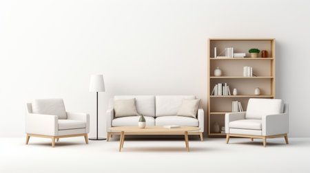 living room with white furniture, bookcase, and shelves in minimalist staging. light white and light brown colors create a japanese-inspired atmosphere. minimalist brush work and realistic lighting enhance the minimalist designs. the white background adds to the overall aesthetic. ai generatedの素材