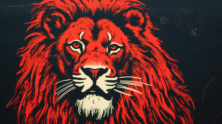 a large lion's head, reminiscent of pop art silkscreening, showcases a striking combination of light red and dark black. with a touch of farm security administration aesthetics, this 3840x2160 image captivates with its hand-painted details. the mythical beasts and bold character designs add an extra layer of intrigue to this visually captivating piece. ai generatedの素材