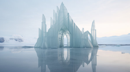 a large structure of ice floats gracefully in the water, resembling a reimagined religious art piece. its futuristic architecture blends seamlessly with the light-filled seascapes, creating a mesmerizing sight. the structure's presence evokes a sense of romantic ruins, while its minimalist design echoes the essence of dansaekhwa. amidst the misty gothic atmosphere, this icy sculpture stands as a captivating symbol of artistic innovation and naturalの素材