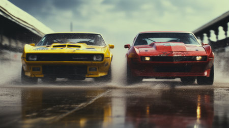 two 1990 chevrolet camaro cars engage in intense racing, with drivers exchanging determined glances. as they speed along the slightly wet track, sparks fly underneath their wheels. the cinematic shot captures the reflections on one of the cars, adding a touch of drama. shot on grainy medium format kodak portra 800 film with an smc takumar 105mm f/2.8 lens. ai generatedの素材