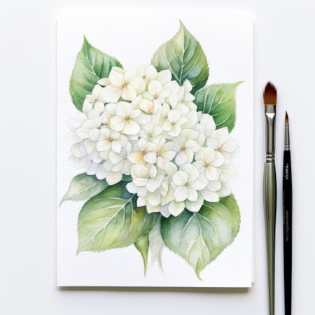 watercolor drawing of white flowers and brushes, inspired by the art style of artgerm. the intricate foliage adds a touch of elegance to the bold composition. captured with a fujifilm x-t4 camera, the white background enhances the graceful beauty of the artwork. konica big mini and lilia alvarado are keywords related to the photo. ai generatedの素材