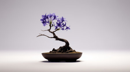 a bonsai tree, adorned with purple flowers, stands as the focal point of this meticulously crafted photograph. the style of this artwork combines elements of photorealism and delicate minimalism, with a color palette featuring light black and dark azure tones. the sepia tone adds a touch of nostalgia, while the delicate sculptures and dansaekhwa influence highlight the beauty of nature. ai generatedの素材