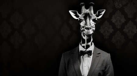 giraffes in suits wallpapers feature illusory wallpaper portraits of giraffes wearing elegant clothing. the conceptual-collage style, with a dark black and white color scheme, emphasizes the facial expressions of the giraffes. these digitally enhanced wallpapers are available in 1920x1080 resolution. ai generatedの素材