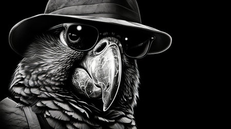 a parrot perched in a top hat and sunglasses, captured in a hyper-realistic style reminiscent of noir comic art. this monochrome portrait showcases intricate details, akin to the works of artists like daan roosegaarde and mike deodato. the image evokes a sense of intrigue and is rendered in stunning 4k resolution. ai generatedの素材