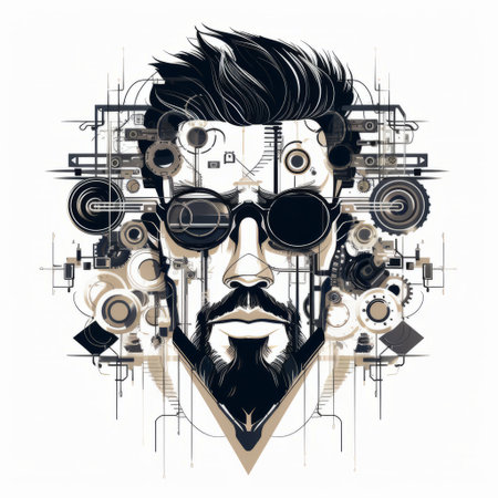 a futuristic human and his gadgets illustration, inspired by optical geometry and chromepunk aesthetics. this style combines realistic and fantastical elements, featuring a strong facial expression. the composition is intricate, reminiscent of the works of cildo meireles. the image showcases a unique blend of futuristic elements and artistic techniques, creating a visually captivating experience. ai generatedの素材
