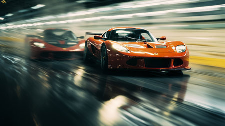 two lotus evora from 1990 engaged in intense racing, with drivers exchanging determined glances. sparks fly underneath the cars as they navigate a slightly wet track. the cinematic shot captures the reflections on the vehicles, enhanced by the grainy medium format kodak portra 800 film. the smc takumar 105mm f/2.8 lens adds depth to this captivating image. ai generatedの素材