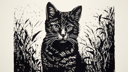 a feline portrait captured by katy jones, showcasing the artistic influences of woodcut and linocut styles. this piece draws inspiration from renowned artists such as edward hersey, alexander millar, and bill jacklin, incorporating intricate details of flora and fauna. the outdoor setting and farm security administration aesthetics add depth to this captivating artwork. ai generatedの素材