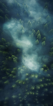 an aerial photograph captures the breathtaking view of a dense forest, resembling ethereal illustrations and slovenian paintings. the contrasting colors of dark indigo and light green create a mesmerizing visual effect. the image evokes the atmosphere of frostpunk and precisionist art, with a touch of mist adding an enchanting element. this photograph beautifully combines the elements of nature and art, resembling an environmental portraiture. aiの素材