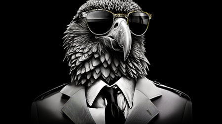 the eagle is sporting a pair of stylish dark sunglasses, adding a touch of corporate punk to its realistic portrait. the sunglasses resemble the artistic style of alpo jaakola, featuring silver and gold accents. this unique celebrity portrait captures the eagle's personality with a high contrast chiaroscuro effect, reminiscent of the works of kerem beyit. ai generatedの素材