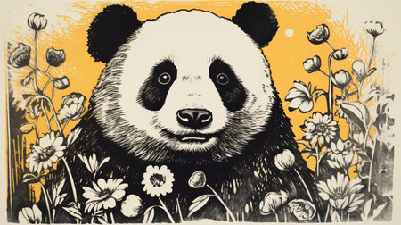 panda bear surrounded by vibrant flowers in this framed print by artist nathan mcgahan. the woodcut style adds a touch of hyperrealism to the animal portrait. the dark yellow and white hues contrast beautifully with the black-and-white etchings. the bold and cartoonish lithographs evoke a sense of playfulness. this artwork, created between 1860 and 1969, showcases the artist's talent in editorial illustrations. ai generatedの素材