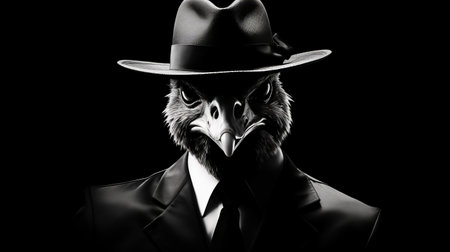 the eagle's head, adorned with a film noir-inspired hat, is depicted in a striking digital illustration by john wilhelm. the aggressive yet dignified pose captures the essence of this monochrome portrait, accentuated by contrasting shadows. the honest portrayal of the eagle's features showcases its majestic and powerful presence. ai generatedの素材