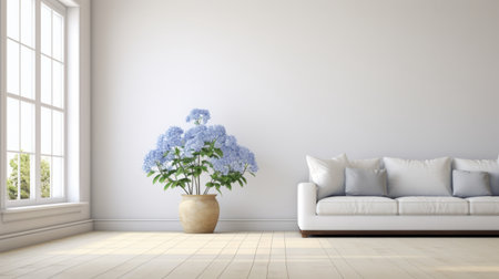 a couch is positioned by a window, adorned with a blue vase. the minimalist background showcases a tranquil gardenscape, reminiscent of classic japanese simplicity. the light gray and white color scheme adds to the serene ambiance. this 8k resolution image features flower and nature motifs, embodying a post-minimalist aesthetic. ai generatedの素材