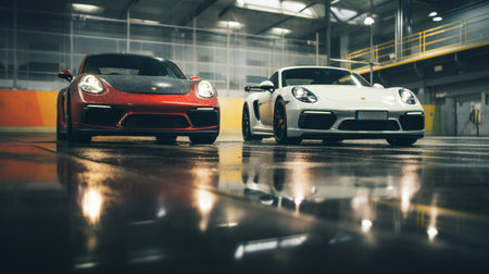 two vintage porsche cayman cars from 1990 engage in an intense race, with drivers exchanging determined glances. as they speed along the slightly wet track, sparks fly underneath their wheels, creating a thrilling spectacle. the cinematic shot captures the reflections on one of the cars, adding to the dynamic atmosphere. shot on grainy medium format kodak portra 800 film with an smc takumar 105mm f/2.8の素材