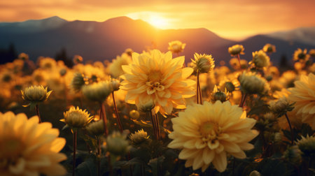 a stunning sunset illuminates a field of vibrant yellow flowers in this captivating photograph. inspired by the renowned artist beeple, the image showcases a realistic usage of light and color, with a dark beige and amber palette. the selective focus highlights the intricate details of the flower and nature motifs, creating a visually striking composition. this high-resolution image by steve henderson is a true masterpiece.の素材