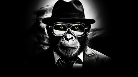 an actor wearing a hat, glasses, and a jacket is captured in the background of this photo. the image is styled in the manner of realistic animal portraits, with a solarization effect reminiscent of noir comic art. the actor's appearance is reminiscent of the distinctive characters created by brian sum and alex petruk ape, adding a unique touch to the composition. ai generatedの素材