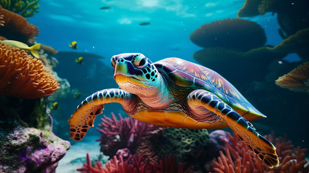 a sea turtle peacefully rests on a rock amidst a vibrant coral reef teeming with marine life. this captivating image showcases the mesmerizing beauty and diversity of the underwater world. with its wide angle shot, lifelike details, and stunning 8k resolution, this photo truly brings the underwater experience to life. ai generatedの素材