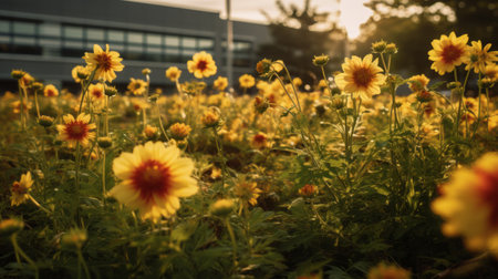 sunset illuminating a vibrant sunflower field at a botanical garden in new york city. captured with the zeiss batis 18mm f2.8 lens, this soft-focused image showcases the urban environment and reflects the influence of the vancouver school. shot on fujifilm fp-100c film, the yellow and beige hues create a visually stunning and high-definition (uhd) photograph. ai generatedの素材