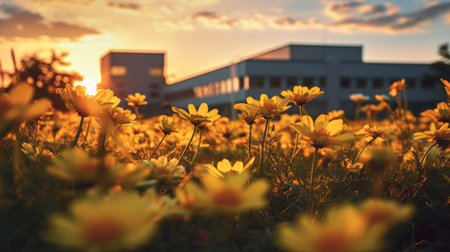 field of flowers growing through a fence, showcasing the unique style of miscellaneous academia. the image captures a beautiful blend of light gold and light amber tones, reminiscent of industrial urban scenes. this uhd image, rendered with octane render, is a testament to the artistic influence of the helsinki school and the captivating photography of brandon woelfel. ai generatedの素材