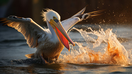 a duck splashes water with its wings in this captivating visual storytelling photo. the characterful animal portrait showcases the precisionist art style, reminiscent of dutch marine scenes. the bombacore lighting creates a light-filled scene, enhancing the details of the duck's movement. this vray tracing image merges artistry and nature seamlessly. ai generatedの素材