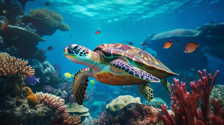a sea lion surrounded by a vibrant coral reef teeming with marine life, accompanied by an eastern box turtle perched on a rock. the captivating background showcases the stunning beauty and diversity of the underwater world. this wide-angle shot, captured in 8k, offers a lifelike and immersive experience. ai generatedの素材