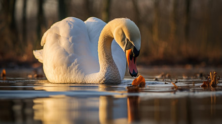 a swan gracefully glides across a serene natural setting, captured in stunning detail through bird photography. this captivating image showcases the beauty of birds in their natural habitat, with a touch of golden light illuminating the scene. the use of the tamron 24mm f28 di iii osd m12 lens adds a unique perspective, while the dusseldorf school of photography influence is evident in the composition.の素材