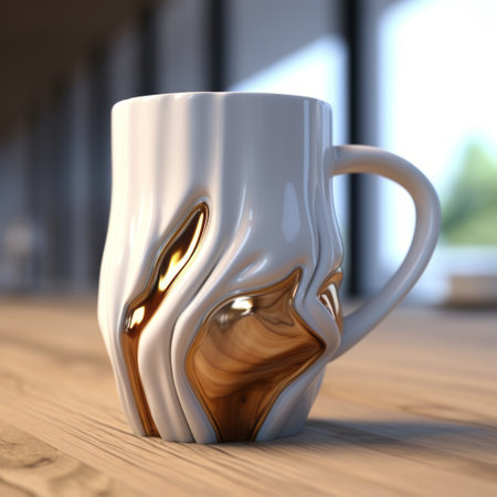 coffee mug with a revolving gold ring, featuring a realistic and hyper-detailed rendering. this unique design resembles melting pots and is beautifully rendered in cinema4d. the mug is adorned with light white and light amber colors, showcasing deconstructive and free-flowing lines. created by the talented artist ruslan lobanov. ai generatedの素材