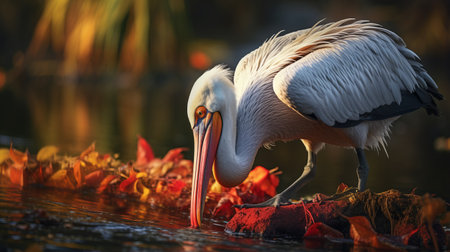 a pelican standing in the water with leaves in the background. this realistic still life photograph captures the dramatic lighting in shades of light red and orange. the close-up shot by grzegorz domaradzki, a contest winner, showcases the pelican's majestic presence. the contrasting colors of light white and navy add depth to the composition. ai generatedの素材