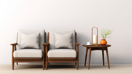 a front room featuring two rocking chairs, a small table, and soft lighting. this zen minimalist space is inspired by mid-century modern design, with clean lines and a light gray and brown color scheme. the ambient occlusion adds depth to the minimalist background, creating a serene and inviting atmosphere. ai generatedの素材