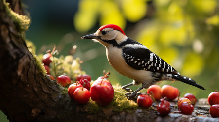 a pair of cardinals perched on apple tree branches, showcasing organic nature-inspired forms. the photo captures the essence of bloomcore and mushroomcore aesthetics, with mixed patterns and a golden light illuminating the scene. the use of natural materials adds to the overall charm of this captivating image. ai generatedの素材