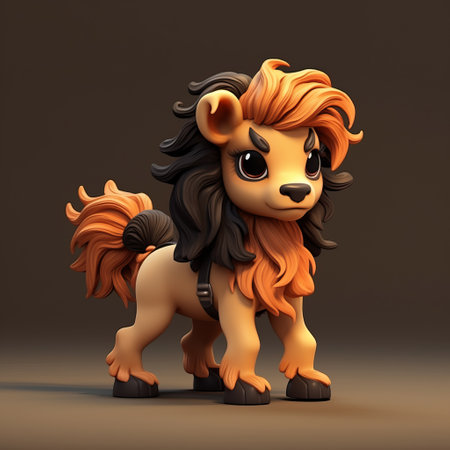 a lion brand miniature horse-like character design in a cute and stylish style. this design has great spreadability and can be used as a keychain or figurine. the main color scheme is orange and black, with dynamic poses and expressions that convey strong movement. it is also equipped with street dance elements like headphones and hats. ai generatedの素材