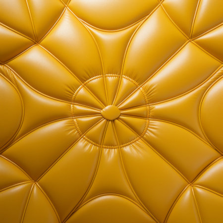 decorative leather sofa background featuring a mesmerizing blend of yellow and gold. this interior design piece showcases hypnotic symmetry and soft, rounded forms. created using octane render, it exudes an expressive and hyperbolic aesthetic. the aggressive quilting adds a touch of boldness to the overall design, reminiscent of the iconic style of fernando botero. ai generatedの素材