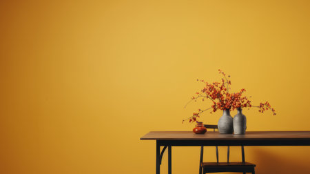 two vases, one green and one yellow, are placed on a tan table. the minimalist background, with shades of dark yellow and dark orange, adds a touch of simplicity. this 32k uhd photograph showcases a folk-inspired design, perfect for wallpaper. the minimalistic japanese style is beautifully captured in this 8k resolution image. ai generatedの素材