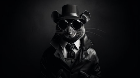 a dressed rat posing in a black and white photo, reminiscent of vivid comic book art and film noir aesthetics. the picture captures the essence of western-style portraits and cinematic montages, with rich color contrasts and a solarizing master effect. the image exudes sharp and clever humor, making it a unique and captivating piece. ai generatedの素材
