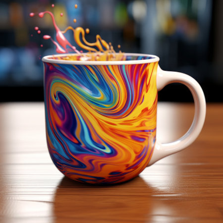 a colorful mug with a splash of vibrant liquid, showcasing the artistic style of vray tracing and digital art techniques. the fluid gestures and varied brushwork techniques, reminiscent of patrick brown's work, create a visually captivating image. the smokey background adds depth and intrigue to this creative commons attribution artwork. ai generatedの素材