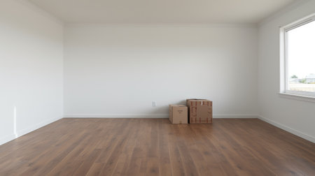 an empty room featuring a hardwood floor and a window, showcasing an anti-clutter, minimalist design. the image captures the essence of simplicity and spaciousness, with hints of gray and brown tones. the room is adorned with oversized objects, creating a unique and intriguing atmosphere. this uhd image was taken using a ricoh gr iii camera, highlighting the fine details and textures. ai generatedの素材