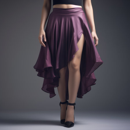 a dancing woman in a skirt and high heels, showcasing a stylish combination of light purple and dark maroon. the design features a captivating blend of symmetrical asymmetry, with luxurious drapery and leatherhide accents. inspired by the dansaekhwa movement, this image exudes a simple yet elegant style. ai generatedの素材