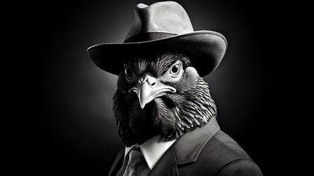 a black and white photograph featuring a black rooster dressed in a suit and hat. the image showcases an aggressive digital illustration style reminiscent of artists like john wilhelm and dino valls. the rooster's character is highly detailed, with realistic hyper-detailed portraits and a wandering eye. ai generatedの素材