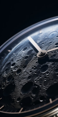 tethys, a luxury watch, is captured in a close-up photo with stunning realism. the waxing moon adds a beautiful touch to the elegant design. the shot, taken with a 100mm lens at f/2.0, showcases a sharply contrasted and clear-cut image. the sub-arid backdrop and shallow depth of field create an impressive and realistic composition, enhanced by the dark tones and natural lighting. shot in 8kの素材