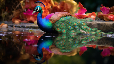 a stunning hd wallpaper featuring a peacock in high resolution. this artwork showcases the beauty of the peacock with vray tracing, reflections, and mirroring techniques. the floral surrealism adds a touch of uniqueness to the image. captured with a canon eos 5d mark iv, the photorealistic accuracy and rich colors make this wallpaper truly mesmerizing. the post-impressionist vibrant colors further enhance its visual appeal. aiの素材