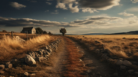 a red gravel road winds through a rugged landscape, reminiscent of traditional british scenery. this backlit photograph captures the essence of the dusseldorf school of photography, showcasing historical imagery. rendered in maya using vray, this uhd image beautifully portrays the charm and allure of the countryside. ai generatedの素材