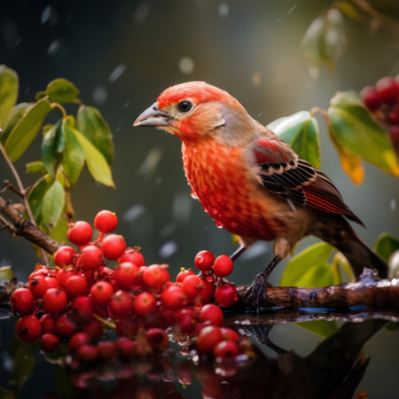 the red finch perches on a branch adorned with redberries, creating a captivating scene. this vibrant image showcases the mesmerizing colorscapes of nature, with a fairytale-inspired touch. the wet-on-wet blending technique and post-processing enhance the energy and beauty of this cranberrycore photograph. ai generatedの素材