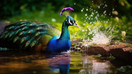 a black beauty peacock gracefully stands in the water, surrounded by a stunning waterfall in the background. this captivating photo, inspired by the style of color splash artist caras ionut, showcases the vibrant colors of the brightly colored birds. the scene is enhanced by the contrasting hues of light green and dark azure, while the use of ray tracing adds a touch of realism. withの素材