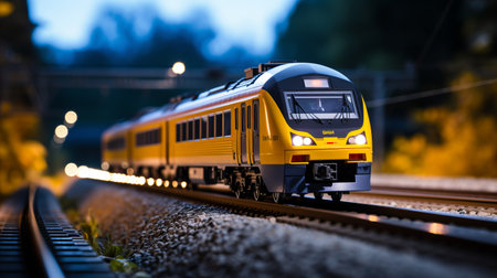 an insanely detailed and intricate train set is showcased in this photograph. the ultra-realistic details are captured beautifully in this shot, which was taken on a 25mm lens with a depth of field and tilt blur effect. the lighting, including half rear lighting and backlight, creates a dramatic and elegant atmosphere. the image is incredibly detailed, with volumetric and shimmering effects, and the use ofの素材