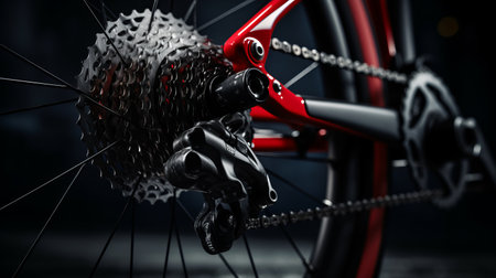 a high-performance women's triathlon cross-country road bike captured in stunning macro photography. this red and black beauty showcases intricate details with hyperrealistic precision. shot with a nikon d850, the image highlights the bike's realistic details and its sleek liquid metal construction. experience the 8k visual feast of this extraordinary piece of machinery. ai generatedの素材